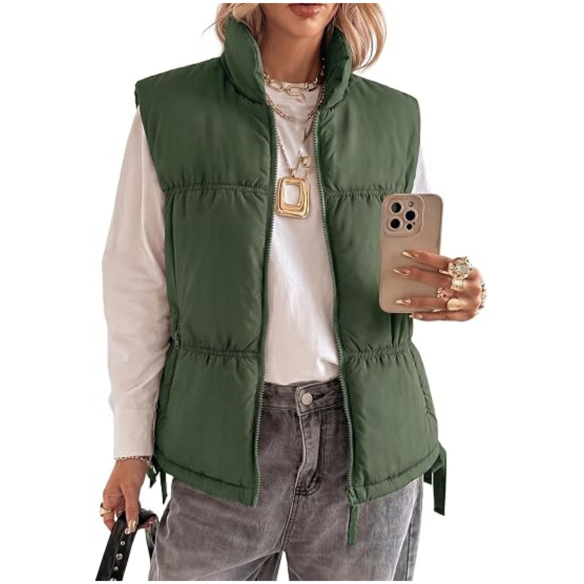 Women’s Padded Sleeveless Vest with Stand-Up Collar and Drawstring Mune Fashion