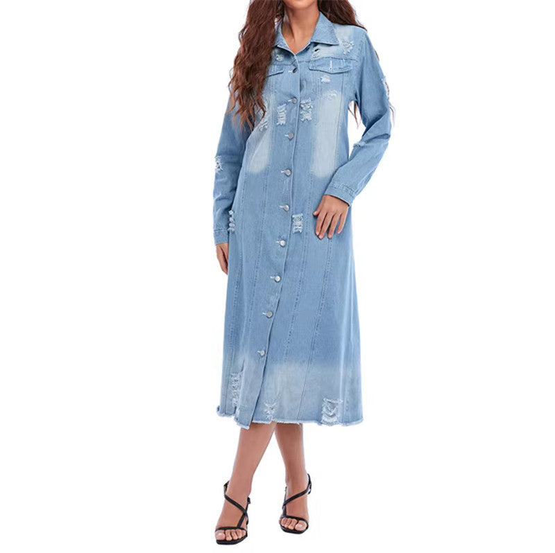 Ladies long-sleeved jeans maxi dress with button placket and used details Mune Fashion