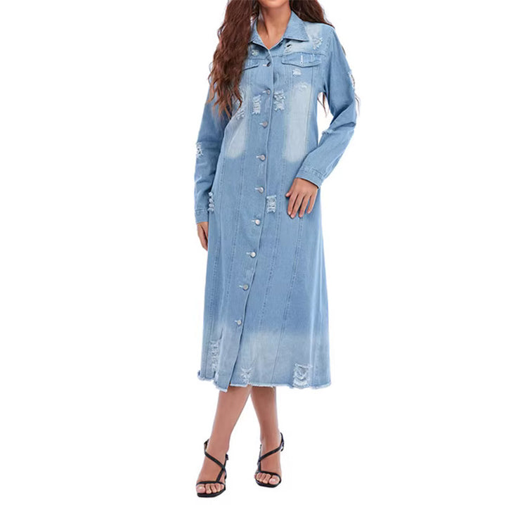 Ladies long-sleeved jeans maxi dress with button placket and used details Mune Fashion