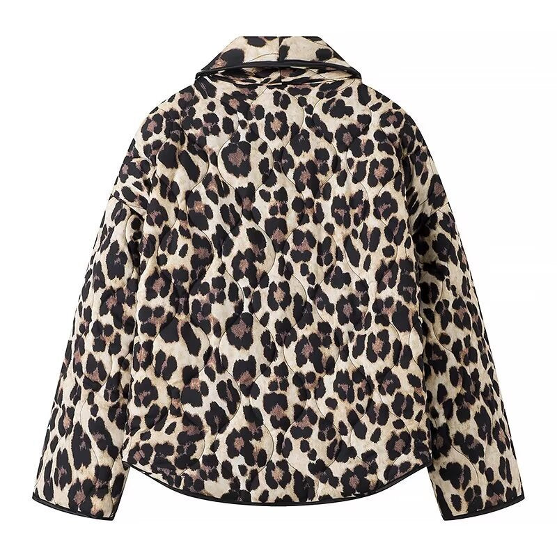 Women's Lined Short Jacket in Leopard Print with Shawl Collar and Piping Mune Fashion