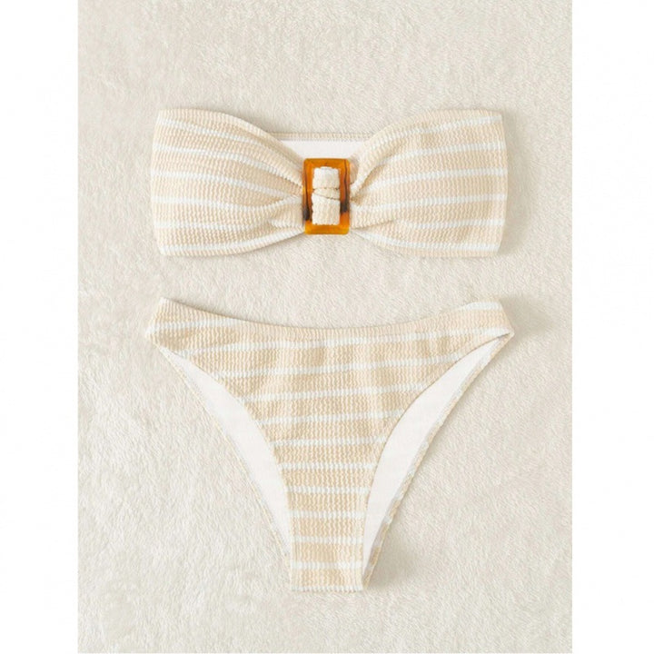 Women's bandeau bikini set with decorative ring and playful striped pattern Mune Fashion