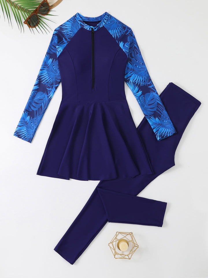 Women's Sporty Long Sleeve Swimsuit with Skirt Mune Fashion