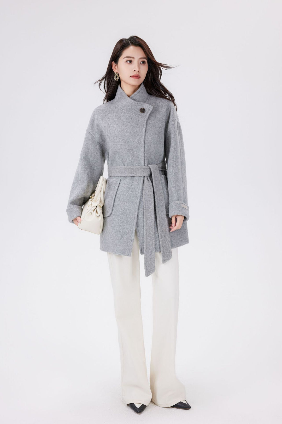Women's Short Wrap Wool Coat with High Button Placket and Patch Pockets Mune Fashion