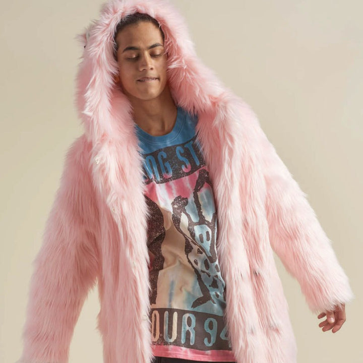 Women's Longer Hooded Faux Fur Coat with Animal Ears and Fluffy High Pile Mune Fashion