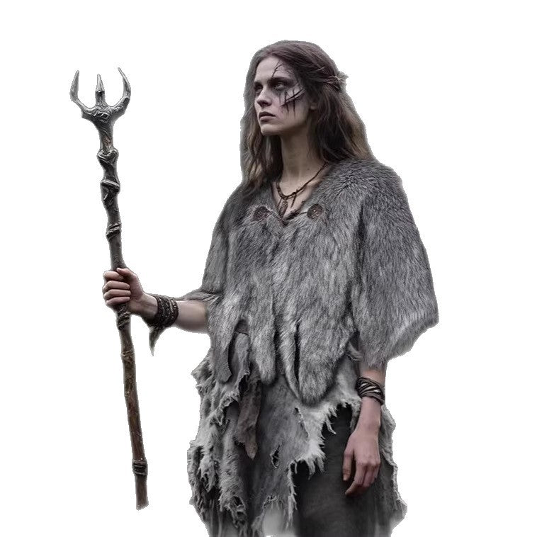 Ladies Viking-inspired Faux-Fur Cape with rustic fringe look and shoulder drape Mune Fashion