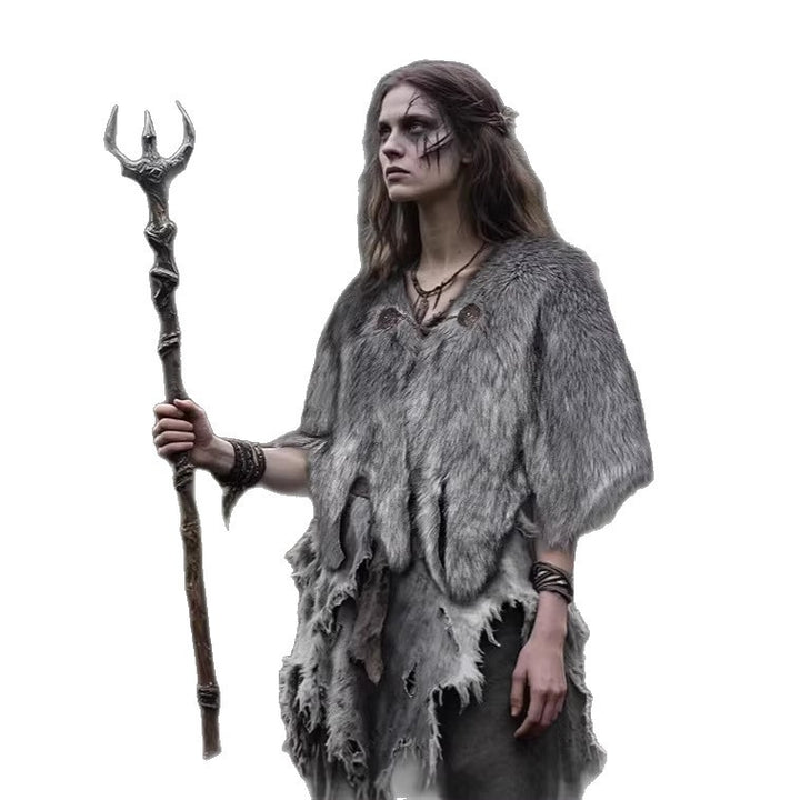 Ladies Viking-inspired Faux-Fur Cape with rustic fringe look and shoulder drape Mune Fashion
