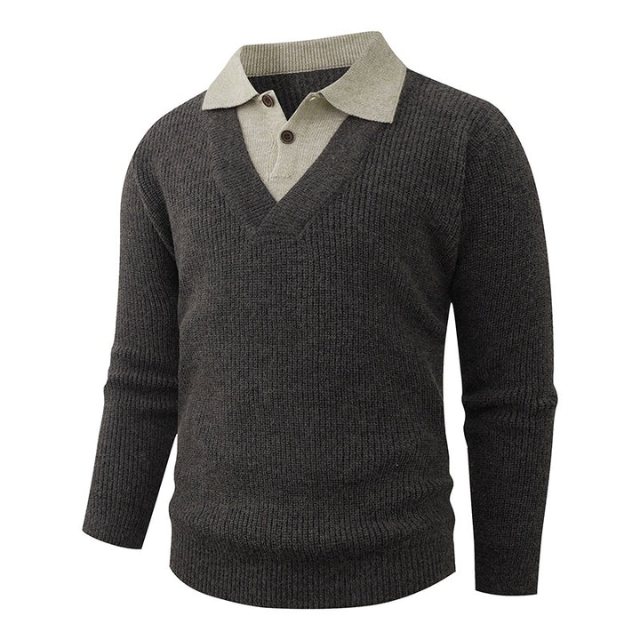 Men's fine knit sweater with integrated polo collar and deep V-neck Mune Fashion