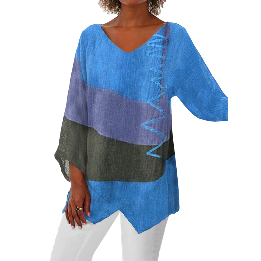 Women Casual A-Line Linen Look Tunic with Color Block Stripes and V-Neck Mune Fashion