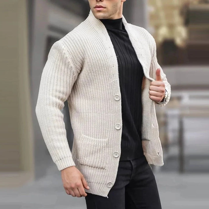 Men's chunky knit cardigan with shawl collar and patch pockets Mune Fashion