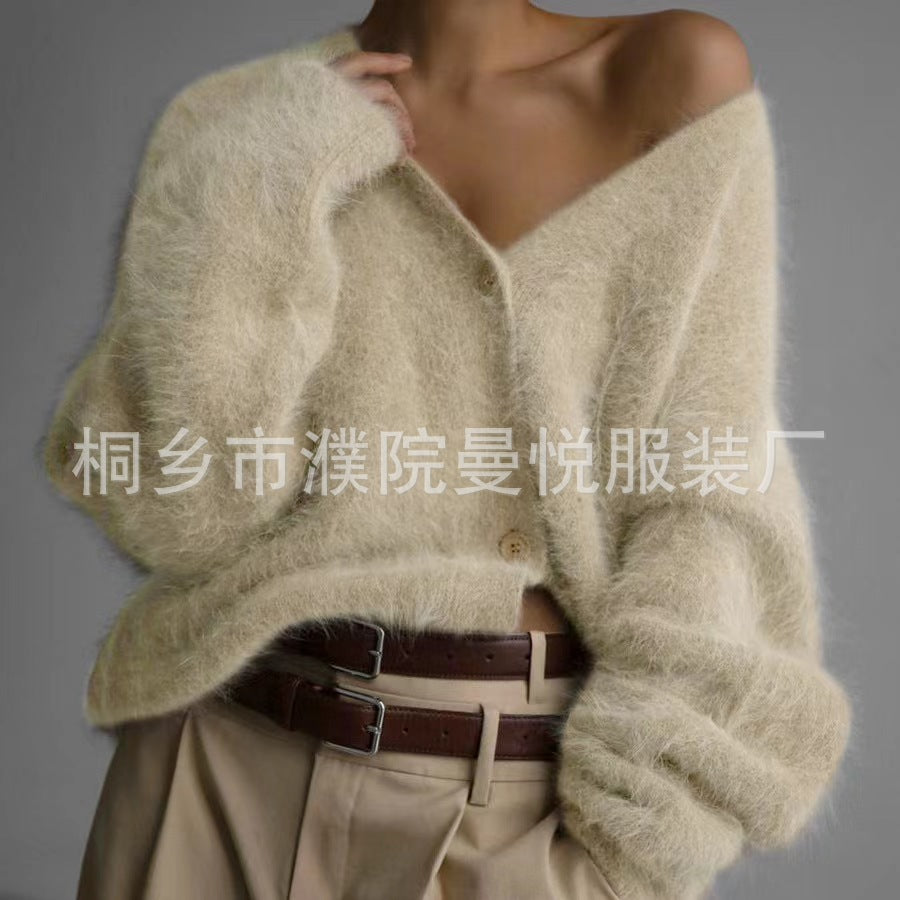 Women's Fluffy Oversize Button Cardigan with Deep V-Neck and Insert Pockets Mune Fashion