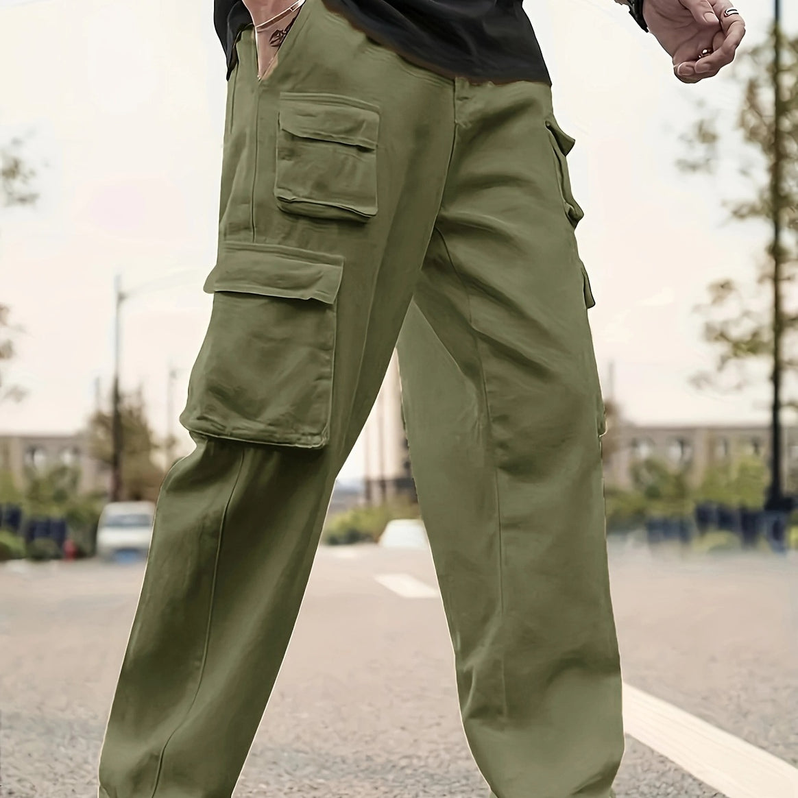 Men's Relaxed-Fit Utility Cargo Pants with Large Flap Pockets and Elastic Cuff Mune Fashion