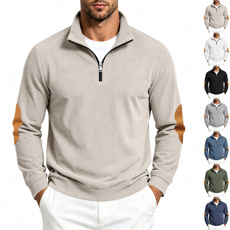 Men's fine knit half-zip sweater with cord structure and contrast elbow patches Mune Fashion