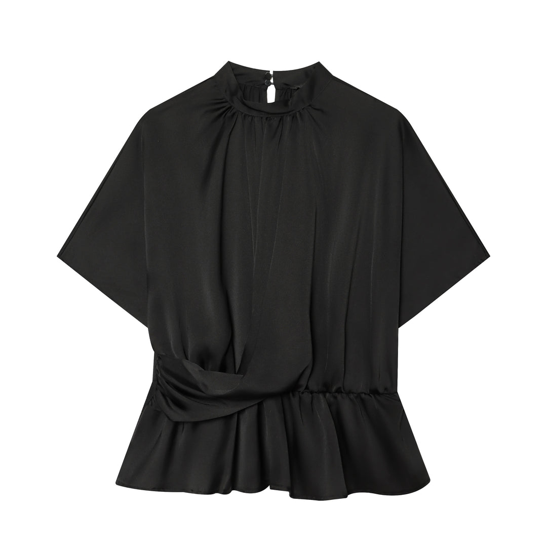 Women's Elegant Blouse with Stand Collar, Gathered Waist and Ruffle Hem Mune Fashion