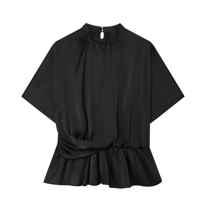 Women's Elegant Blouse with Stand Collar, Gathered Waist and Ruffle Hem Mune Fashion