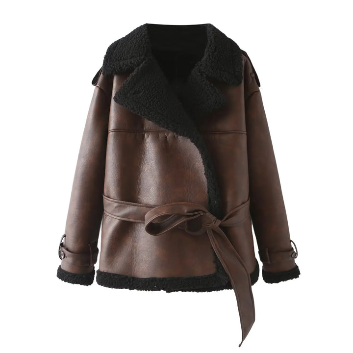 Women's tailored lambskin imitation bomber jacket with tie belt, teddy collar and adjustable cuffs Mune Fashion