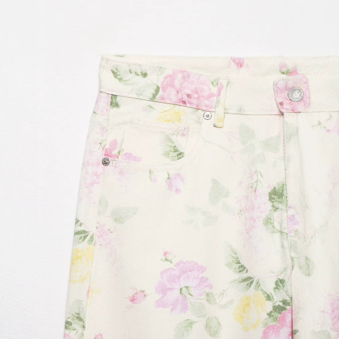 Women's High-waisted Wide Leg Jeans with Delicate Floral Pattern and Five-pocket Cut Mune Fashion