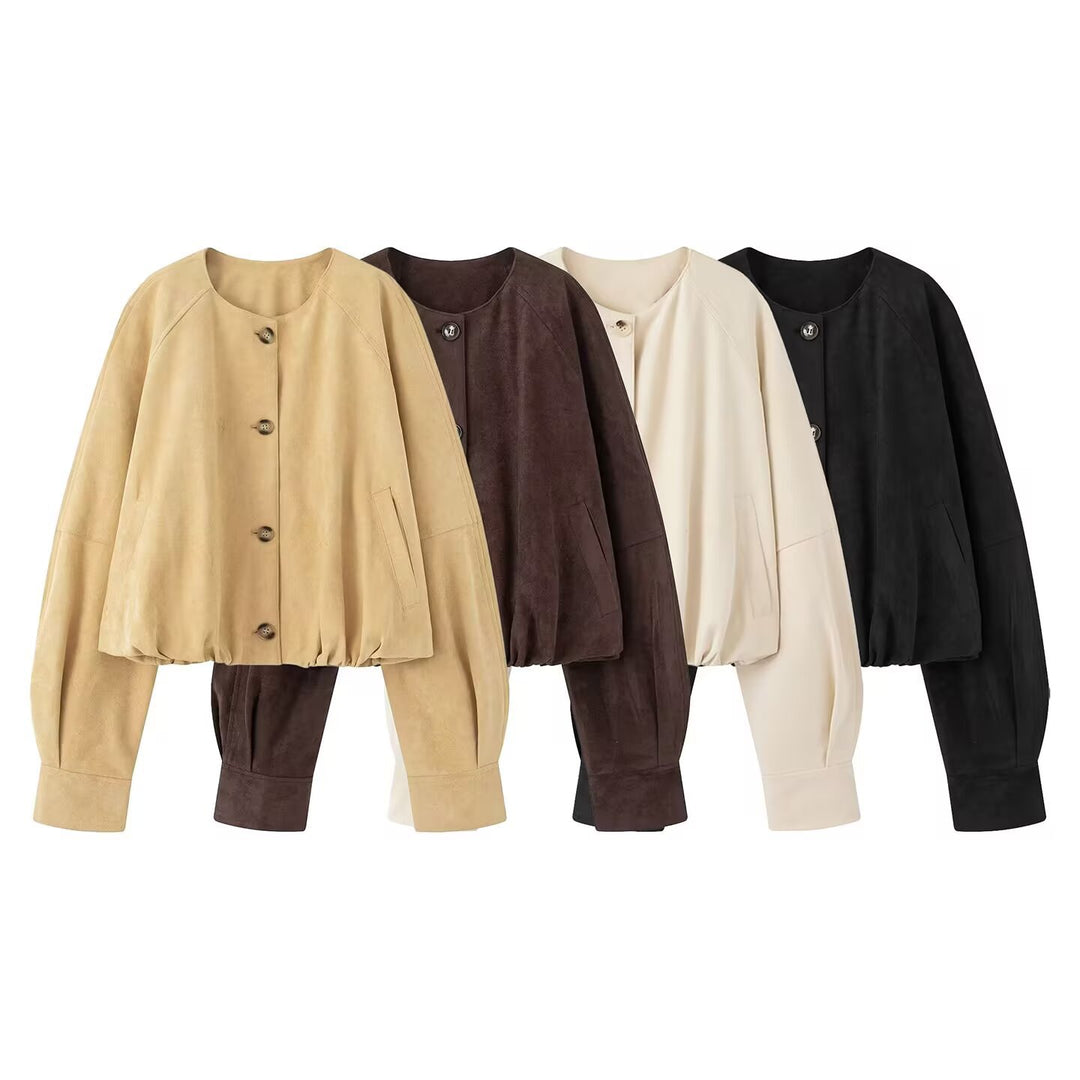 Women's short jacket in velour look with round neckline, balloon sleeves, and elastic hem Mune Fashion