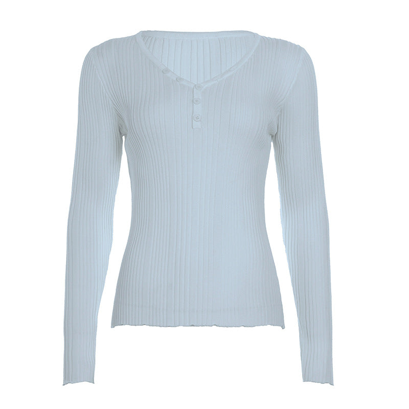 Women's fine-structured ribbed long sleeve with V-neck, Henley button placket, and tailored fit Mune Fashion