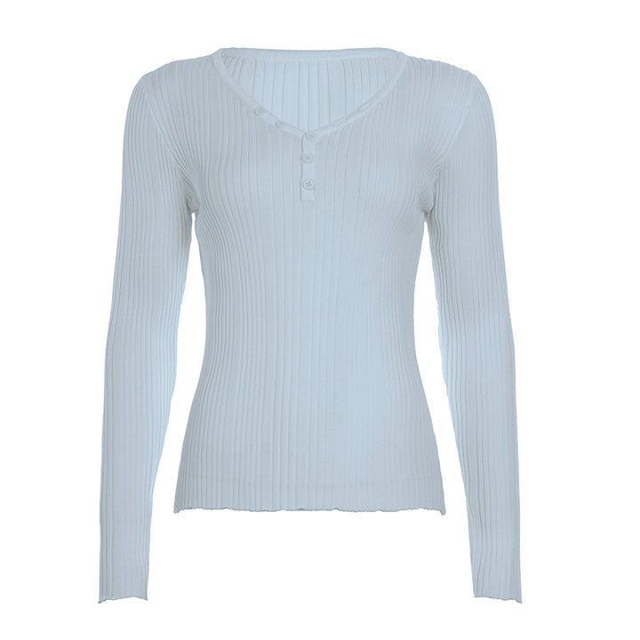 Women's fine-structured ribbed long sleeve with V-neck, Henley button placket, and tailored fit Mune Fashion