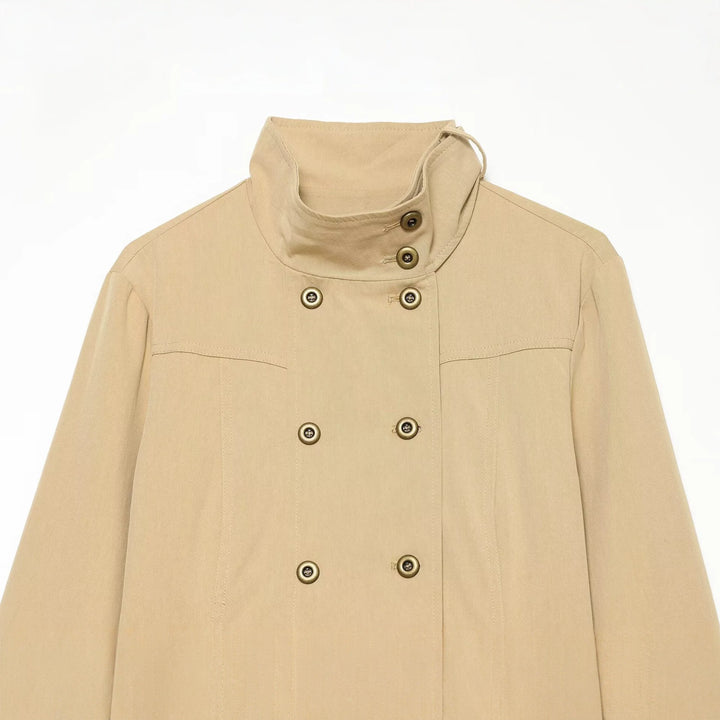 Women Cropped Double-Breasted Utility Jacket with High Stand Collar Drune