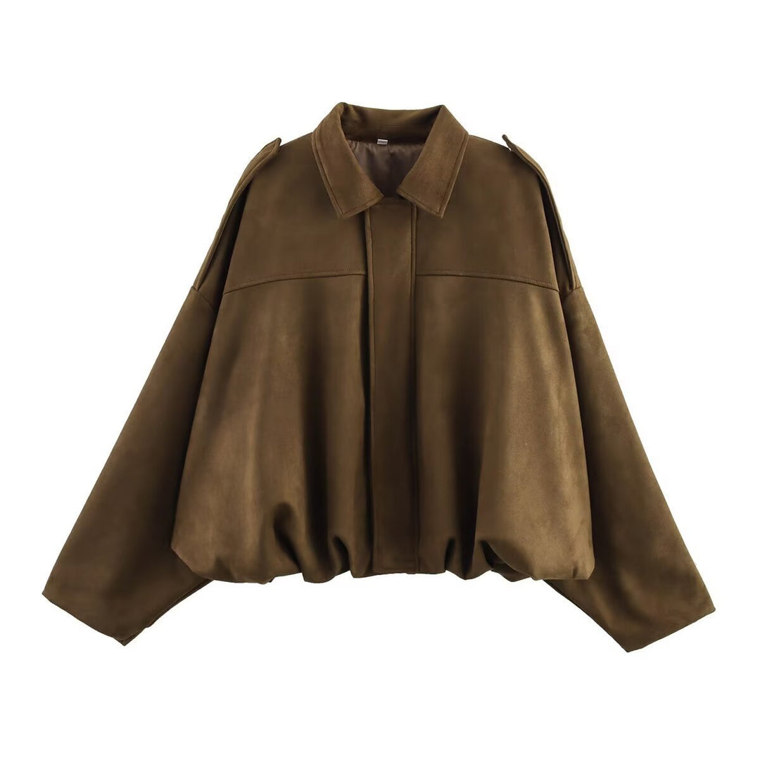 Women's Oversized Short Jacket with Balloon Hem, Shoulder Pads and Concealed Front Placket Mune Fashion