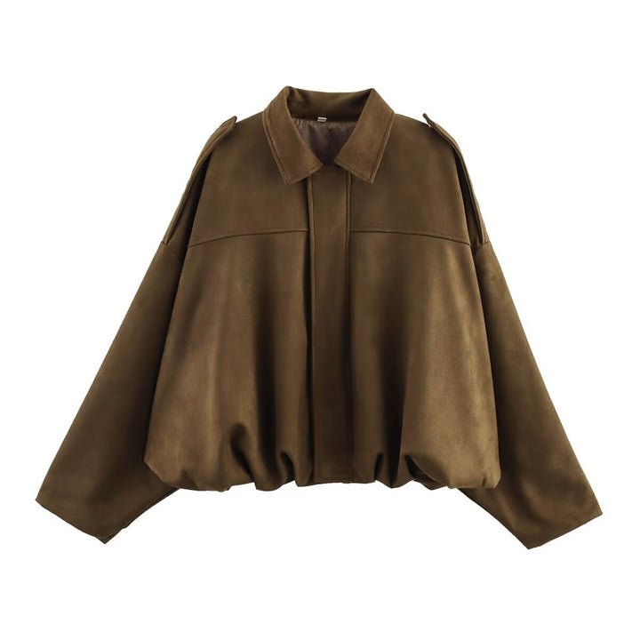 Women's Oversized Short Jacket with Balloon Hem, Shoulder Pads and Concealed Front Placket Mune Fashion