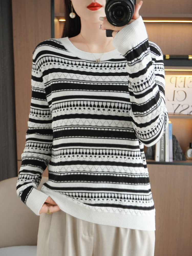 Women Lightweight Round Neck Fine Knit Sweater with Geometric Eyelet Stripe Pattern Mune Fashion