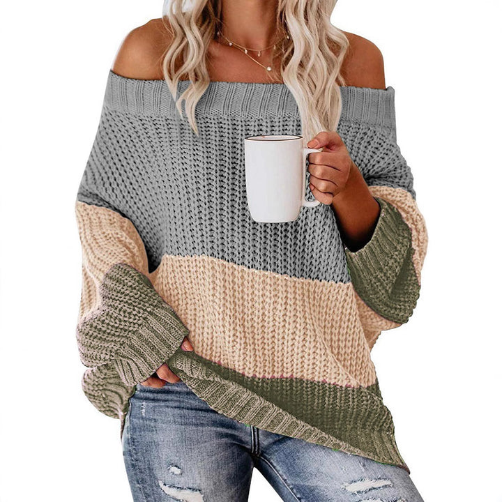 Women's Off-shoulder Oversize Block Stripe Knit Sweater Mune Fashion