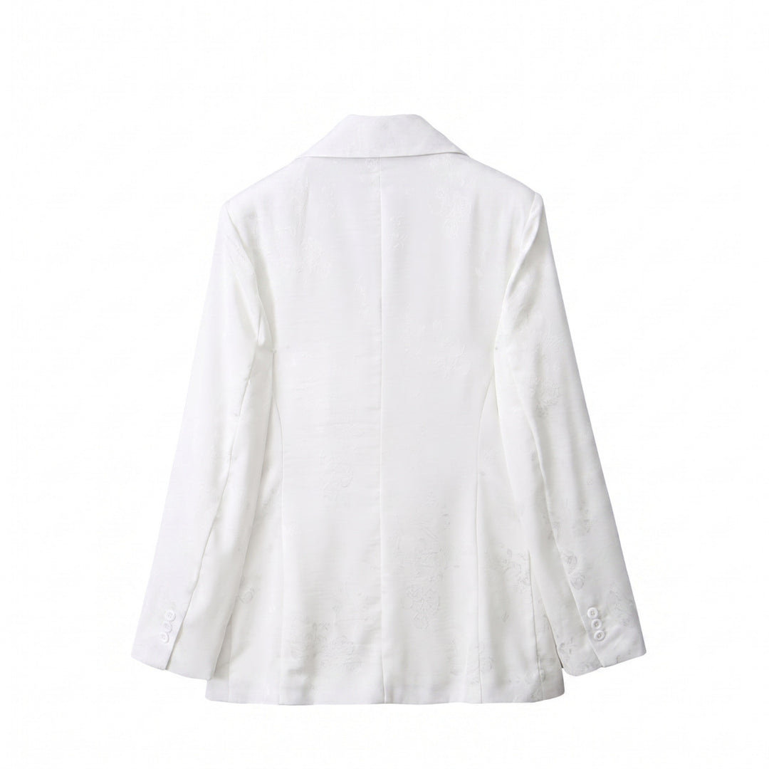 Women Double-breasted Blazer with Floral Jacquard and Shawl Collar Drune