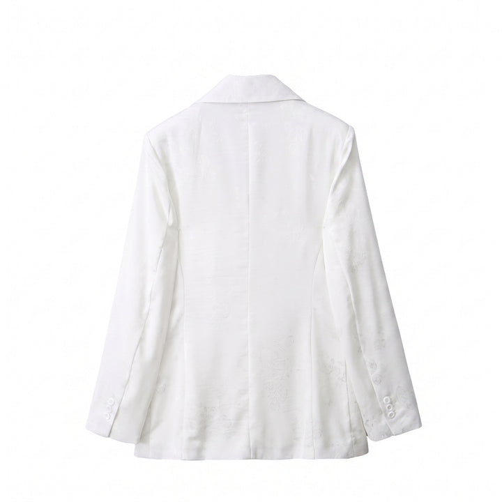 Women Double-breasted Blazer with Floral Jacquard and Shawl Collar Drune