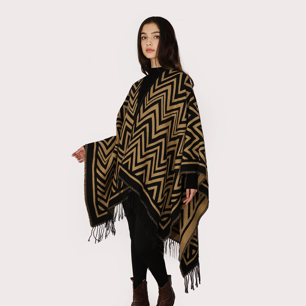 Women's Rectangular Zigzag Wool Blend Wrap with Fringe Hem and Open Fall Mune Fashion