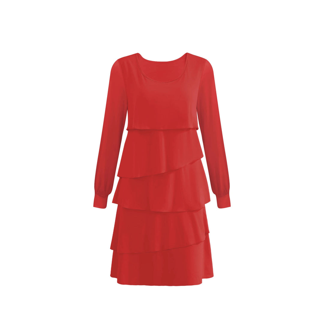 Women Elegant Tiered Midi Dress with Ruffle Layers, Round Neckline and Cuffs