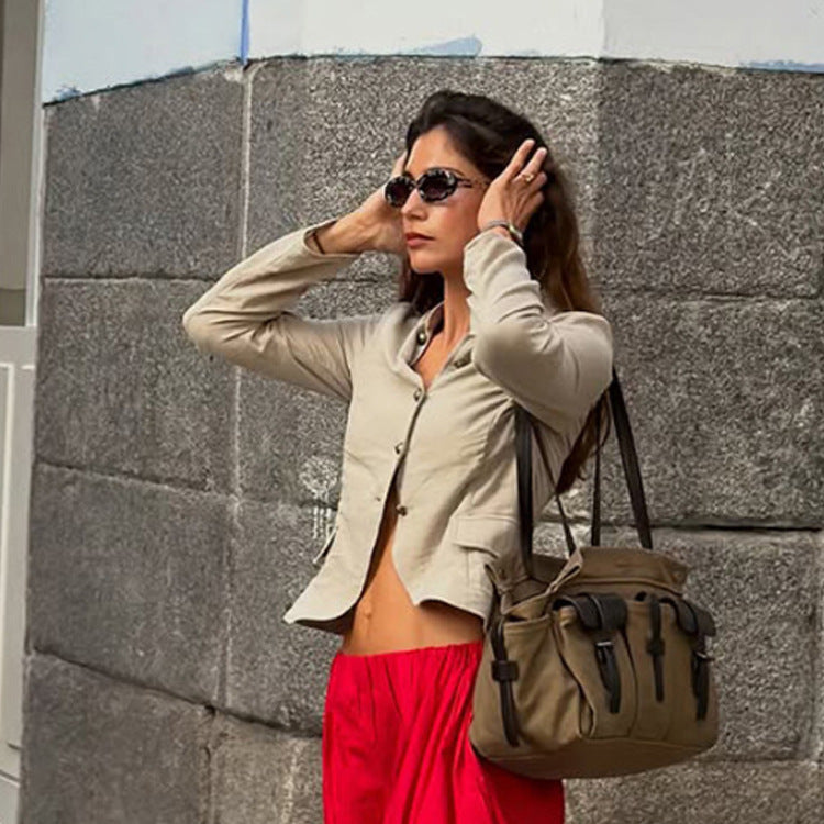 Women Short Cut Tailored Linen Look Blazer Jacket with Stand Collar Mune Fashion