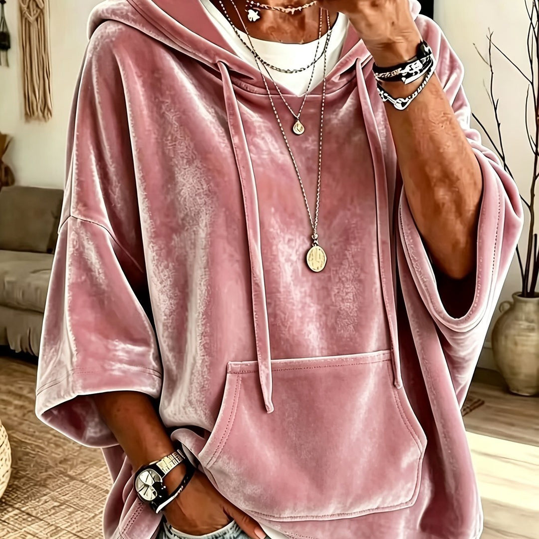 Women's Oversize Velvet Hoodie with Half Sleeves, Hood, and Kangaroo Pocket Mune Fashion
