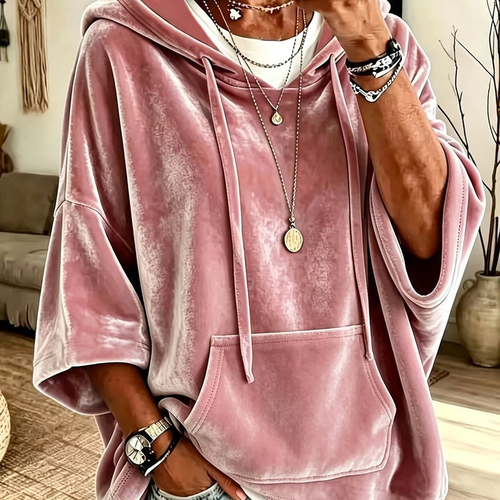 Women's Oversize Velvet Hoodie with Half Sleeves, Hood, and Kangaroo Pocket Mune Fashion