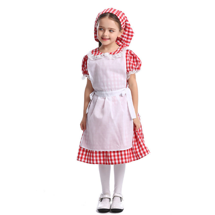 Ladies traditional farmer girl dress with lace apron and hood Mune Fashion