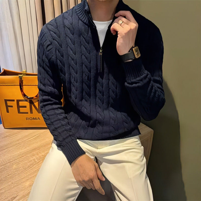 Men's Braided Knit Half-Zip Sweater with Stand-Up Collar Mune Fashion