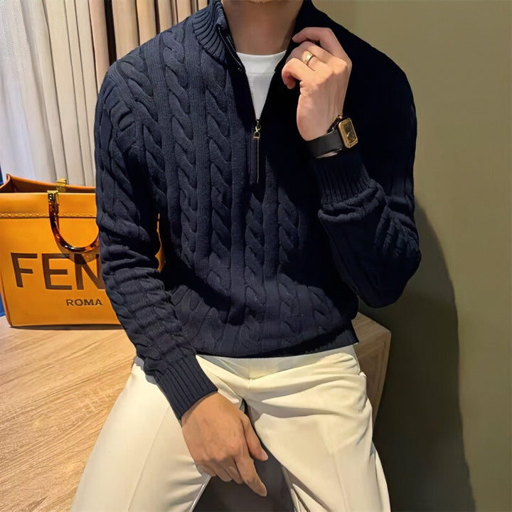Men's Braided Knit Half-Zip Sweater with Stand-Up Collar Mune Fashion