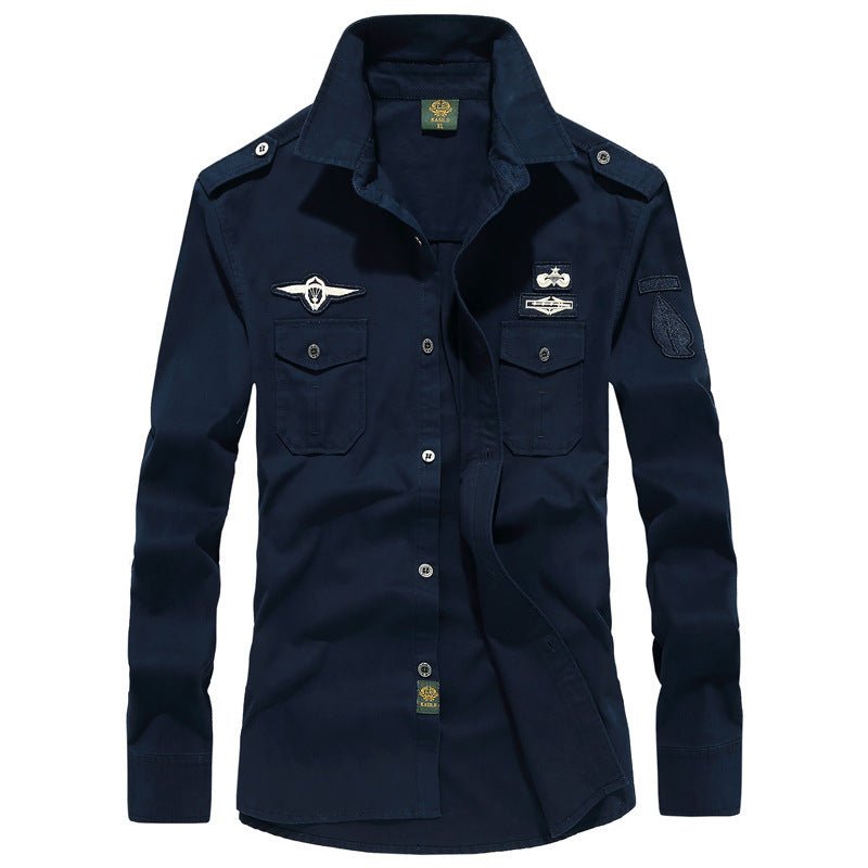 Men's military-inspired long-sleeve utility shirt with shoulder epaulettes, patch breast pockets, and badge Mune Fashion