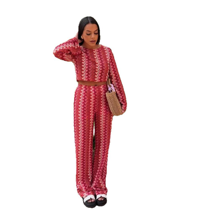 Women's Crocheted Two-Piece Lounge Set with Short Sweater and High-Waisted Palazzo Pants Mune Fashion
