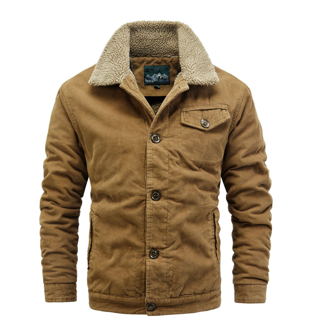 Men's Cord Trucker Jacket with Continuous Sherpa Lining and Shirt Collar Mune Fashion
