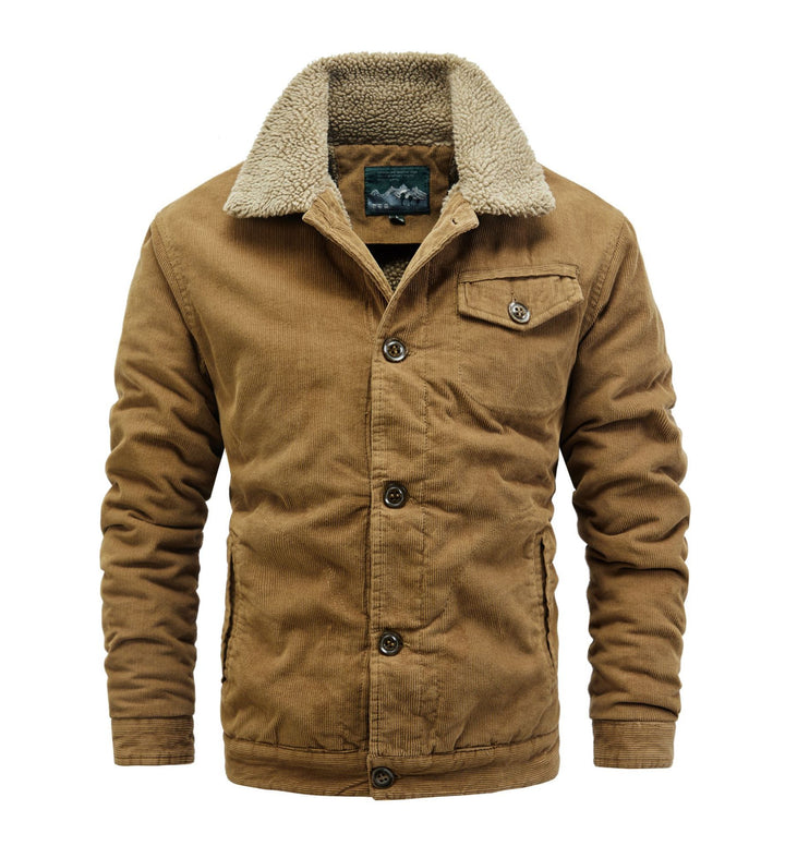 Men's Cord Trucker Jacket with Continuous Sherpa Lining and Shirt Collar Mune Fashion