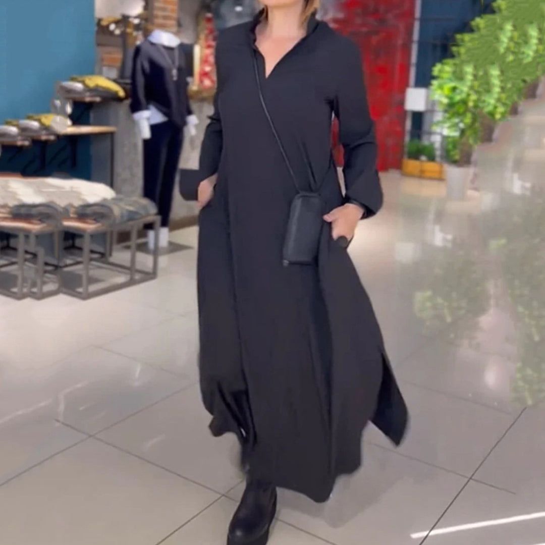 Women's flowing maxi dress with V-neck, boxy A-line, and long sleeves Mune Fashion