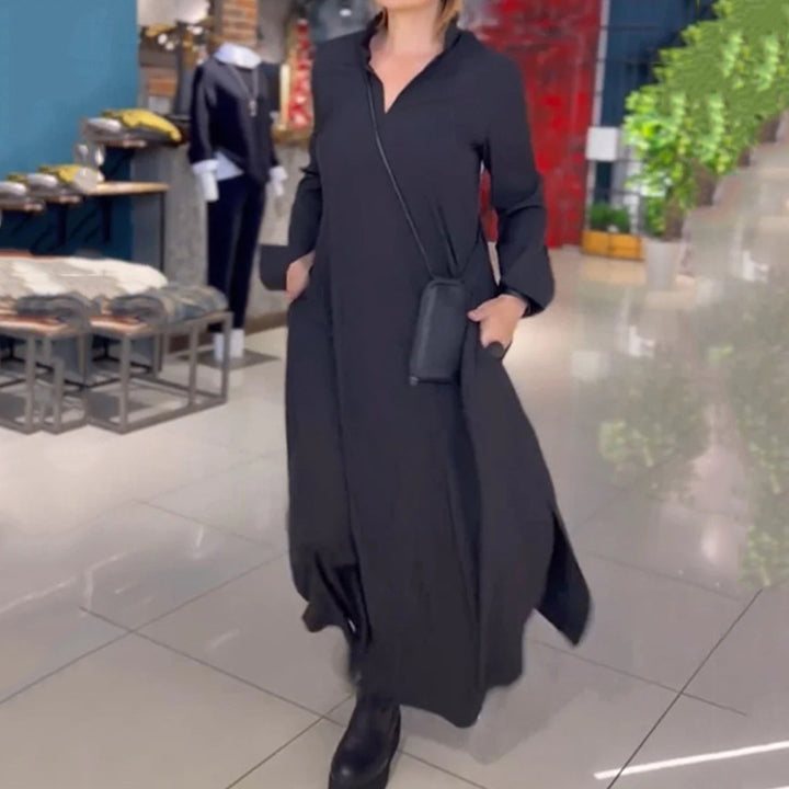 Women's flowing maxi dress with V-neck, boxy A-line, and long sleeves Mune Fashion