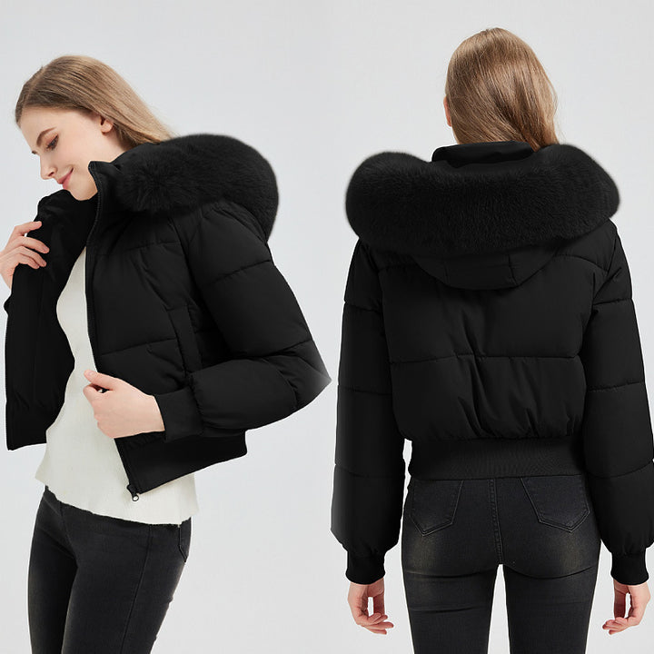 Women's Short Bomber Puffer Jacket with Hood and Removable Faux Fur Collar Mune Fashion
