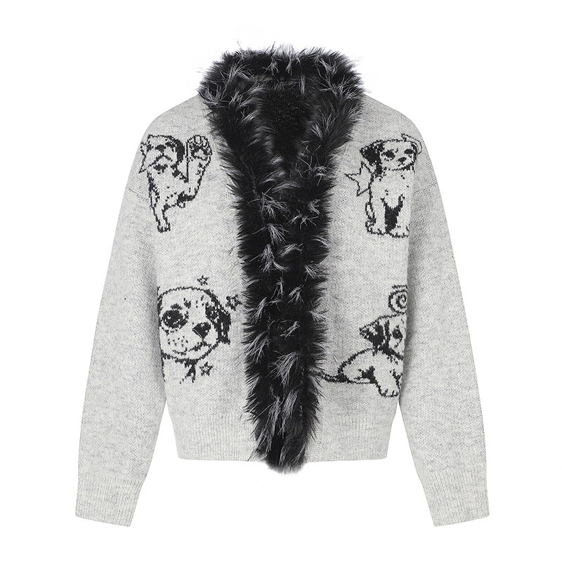 Women's cardigan with faux fur collar and illustrative dog motif Mune Fashion