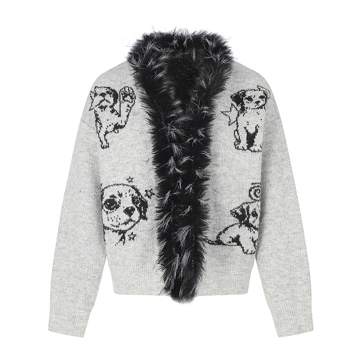 Women's cardigan with faux fur collar and illustrative dog motif Mune Fashion