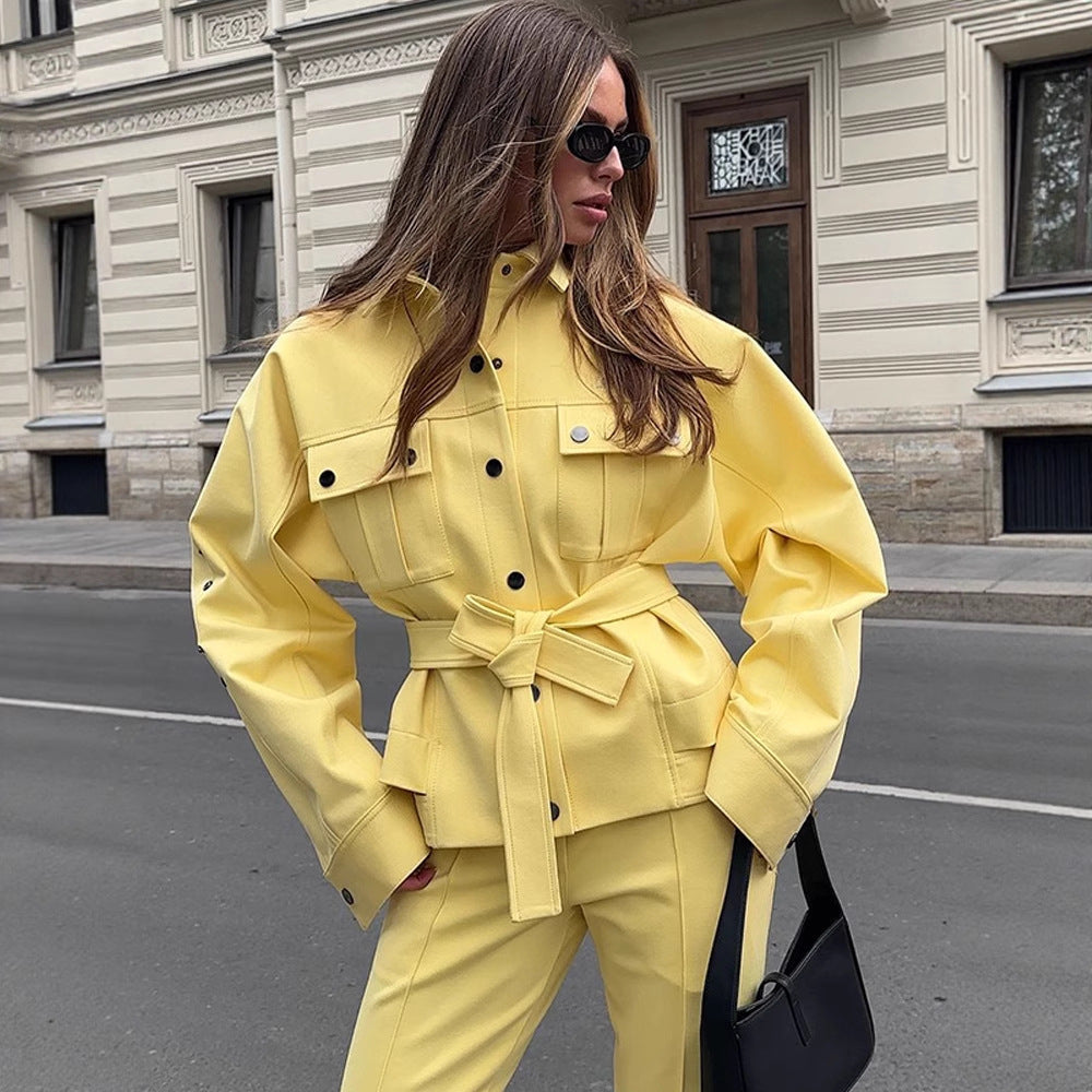 Women's Utility Blazer with Tie Belt and High-Waisted Trousers Mune Fashion