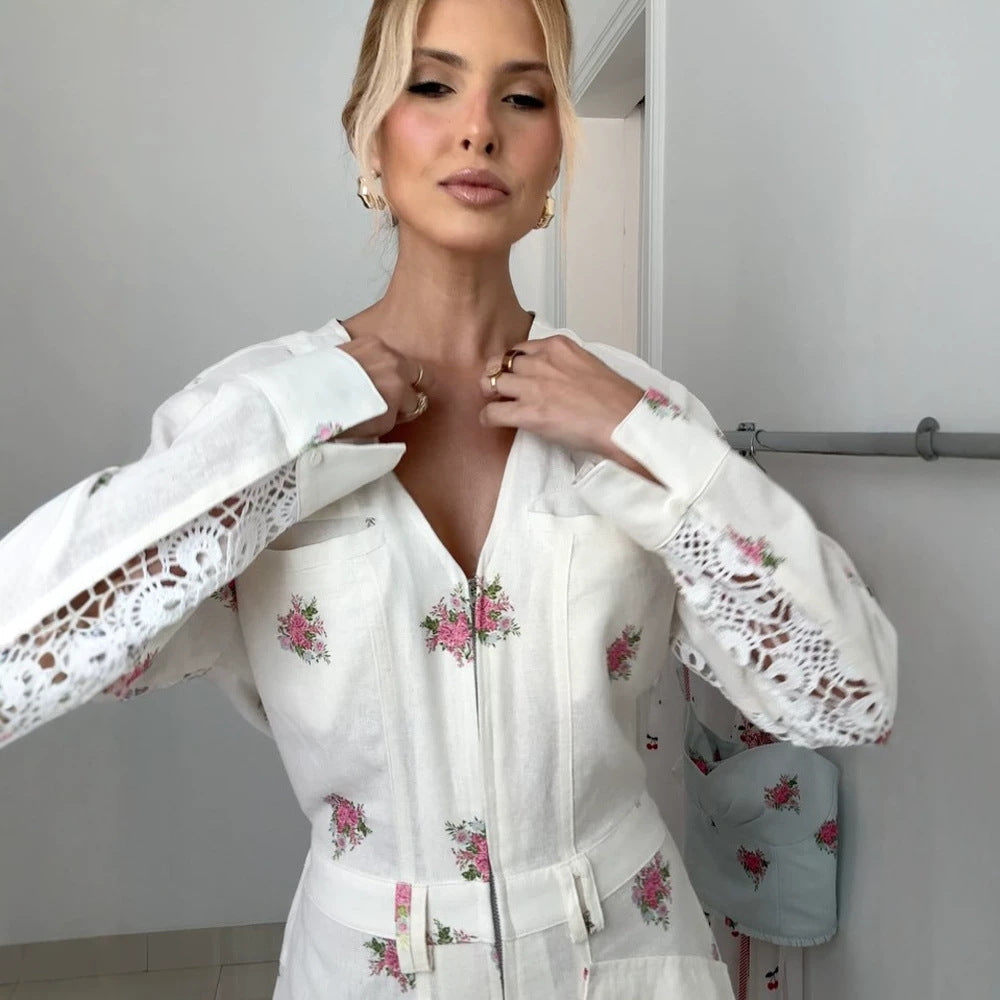 Women's Lightweight Long Jumpsuit with V-Neck, Zipper, Lace Inserts, and Floral Print Mune Fashion