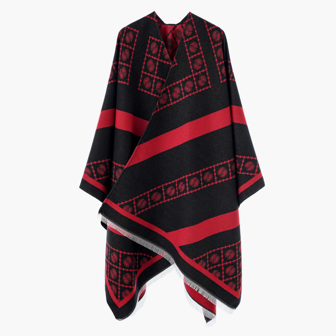 Women's jacquard cape-style wrap with paisley trim and fringes Mune Fashion